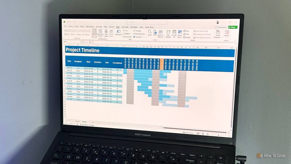 laptop screen displaying a custom gantt chart in excel.jpg