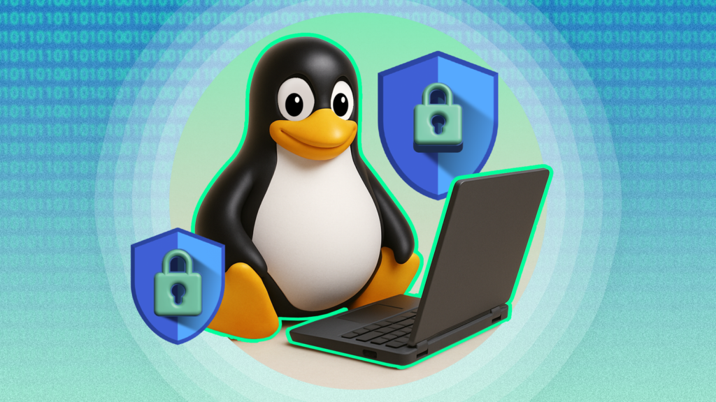 linux mascot sitting next to a laptop with a security shield beside it.png