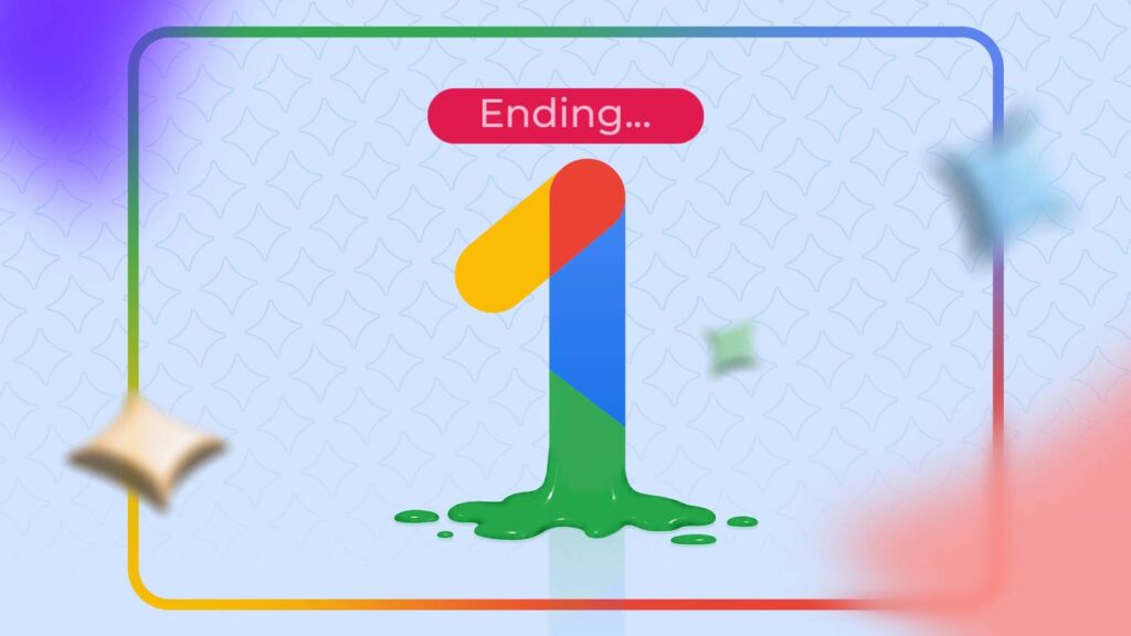 melting google one logo with an ending message above it on a soft blue background with floating gemi.jpeg