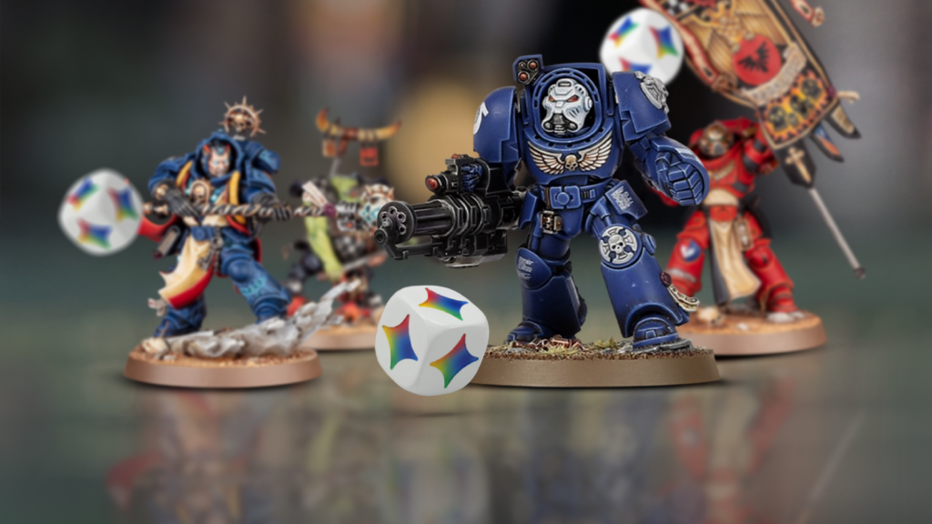 painted warhammer 40k miniatures standing among falling gemini dice.png