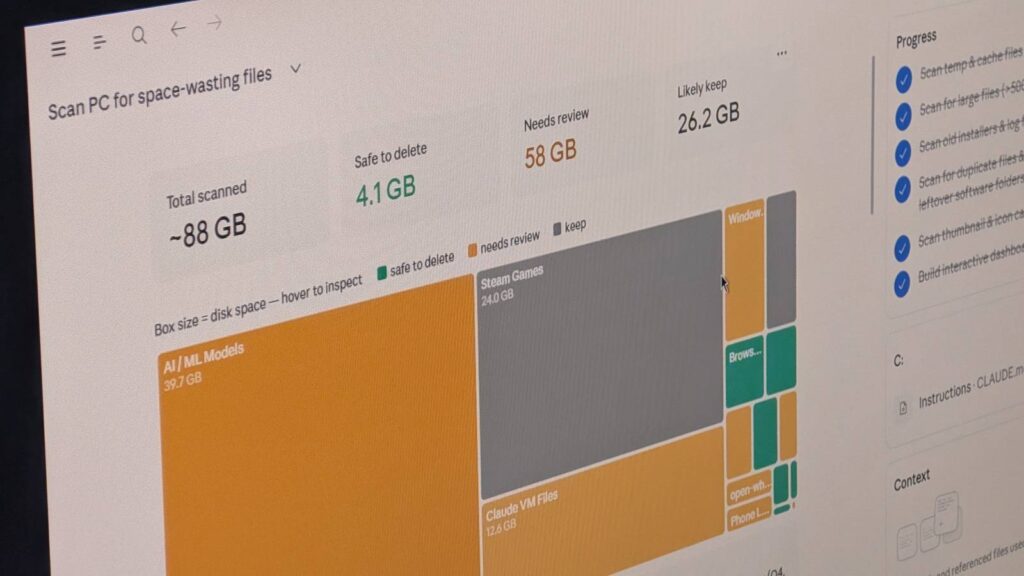 phone photo of monitor showing claude cowork storage dashboard treemap with ai ml models at 39 7 gb.jpeg