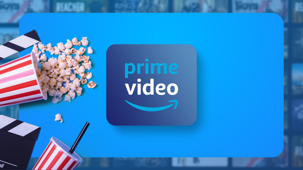 prime video logo with spilled popcorn a striped drink cup a movie clapperboard and a blurred grid of.png
