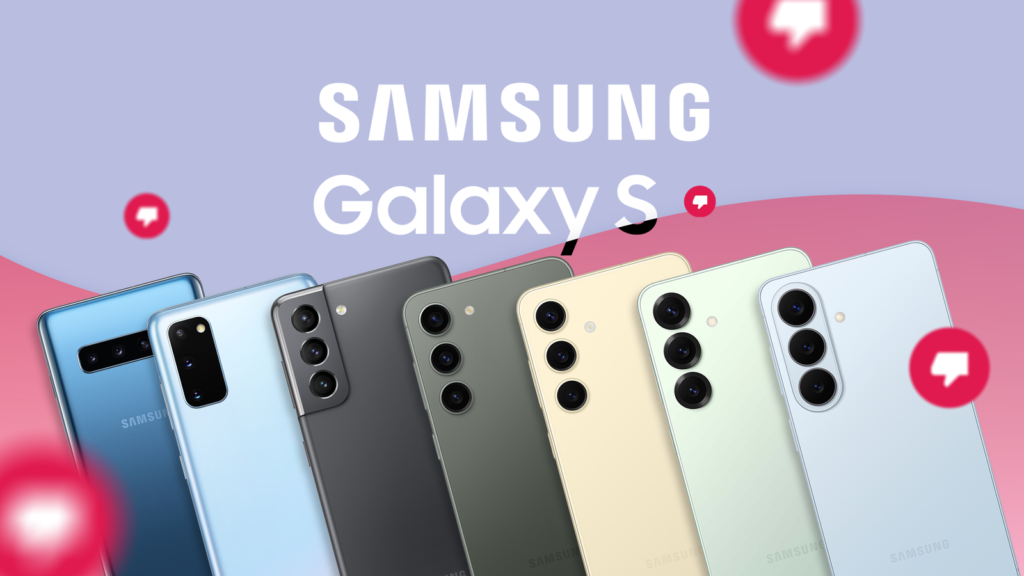samsung galaxy s phones from multiple generations lined up with dislike icons and large galaxy s tex.png