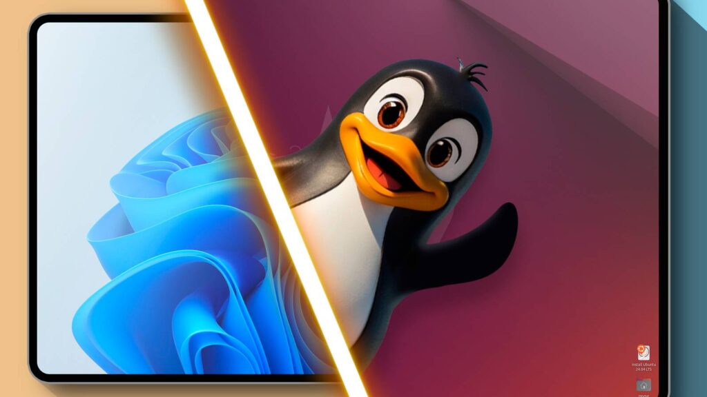 split screen with windows 11 on the left and linux on the right with tux.jpg