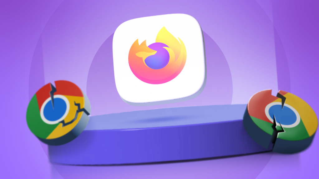 the firefox logo floating above a platform with two cracked google chrome logos on either side again.png