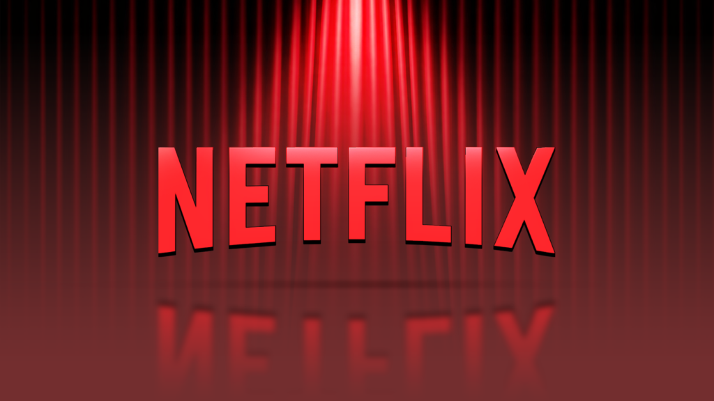5 extra nice Netflix miniseries you'll binge in a single sitting the netflix logo under a spotlight against a dark red curtain background with a glossy floor reflect.png