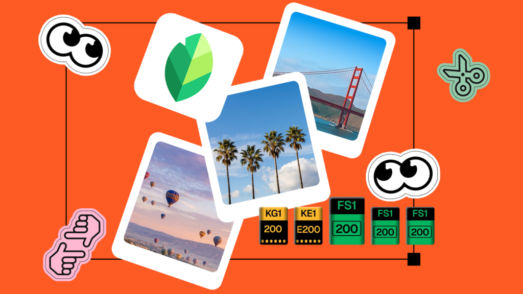 the snapseed logo surrounded by photos editing stickers and icons on an orange background.png