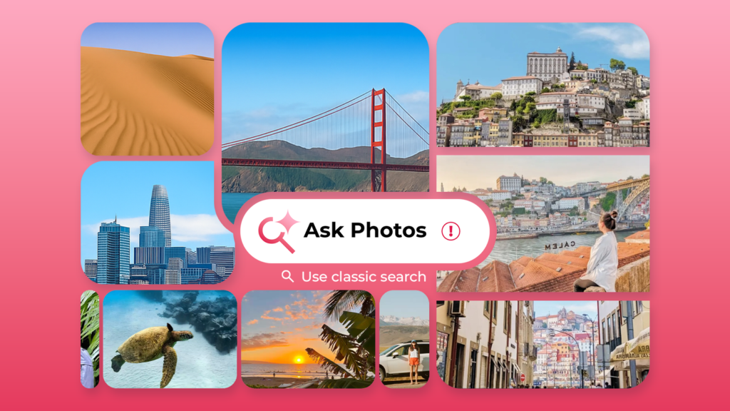 a collage of travel photos with an ask photos search button over a red background.png