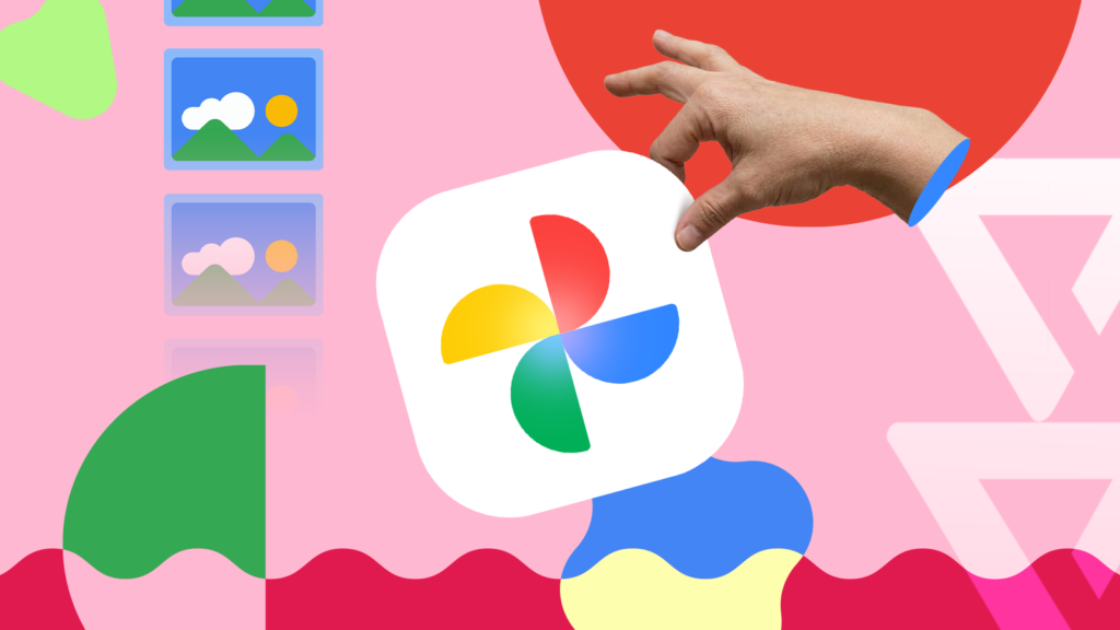 a hand holding the google photos logo in front of a colorful background filled with image thumbnails.png