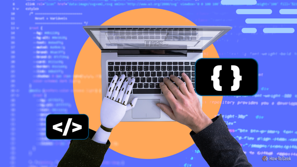 a robot hand and a human hand typing together on a laptop keyboard with coding symbols and a blurred.png