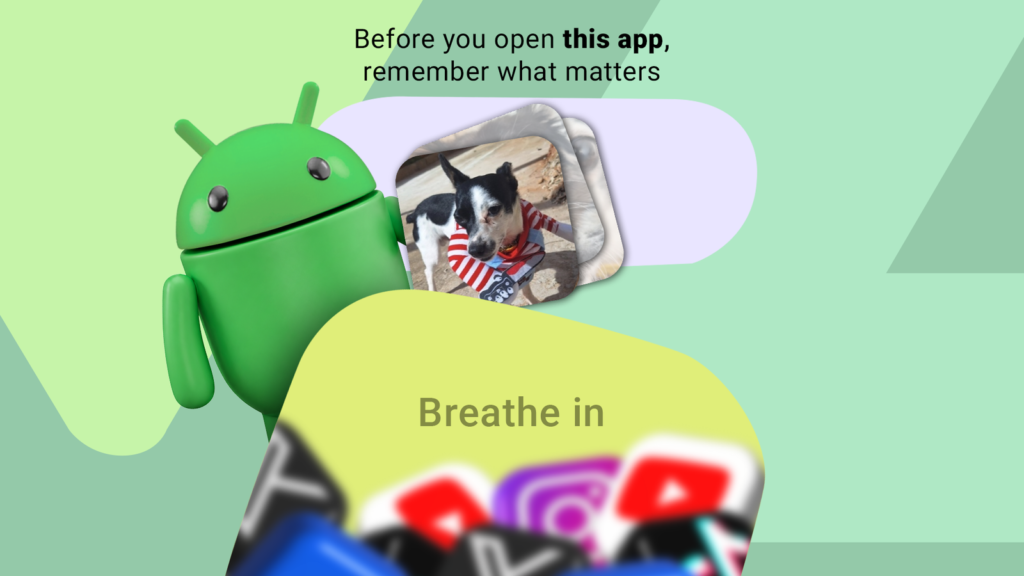 android mascot showing a pause point screen before opening distracting apps.png