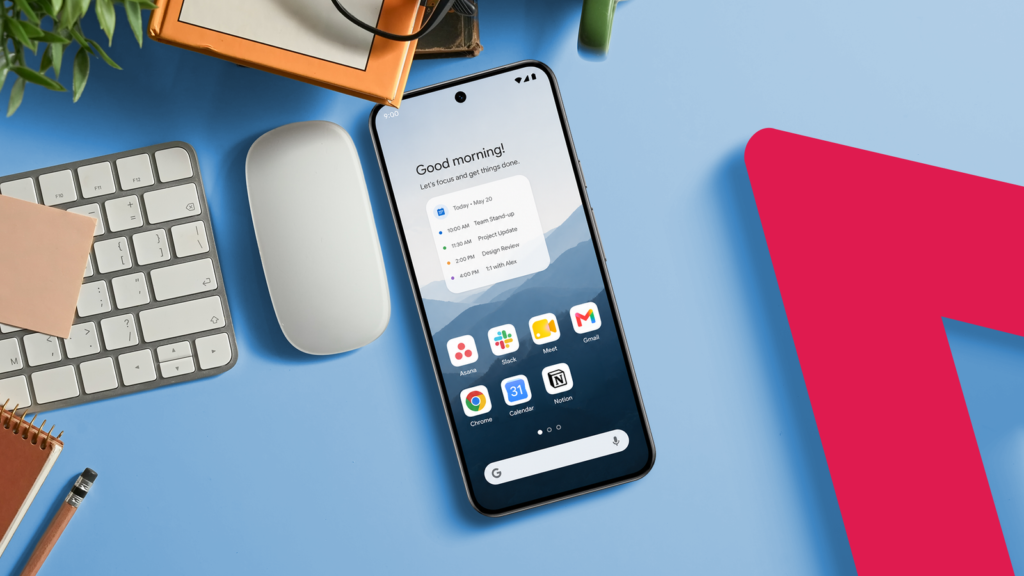 android phone displaying a work focused home screen with productivity apps placed on a desk next to.png