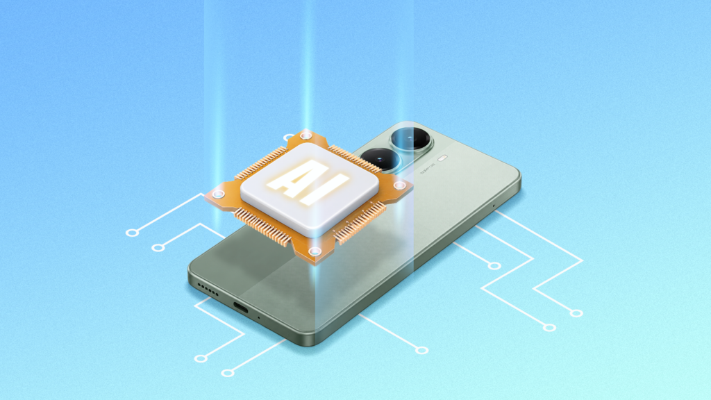 budget android smartphone with a glowing ai chip hovering above it.png