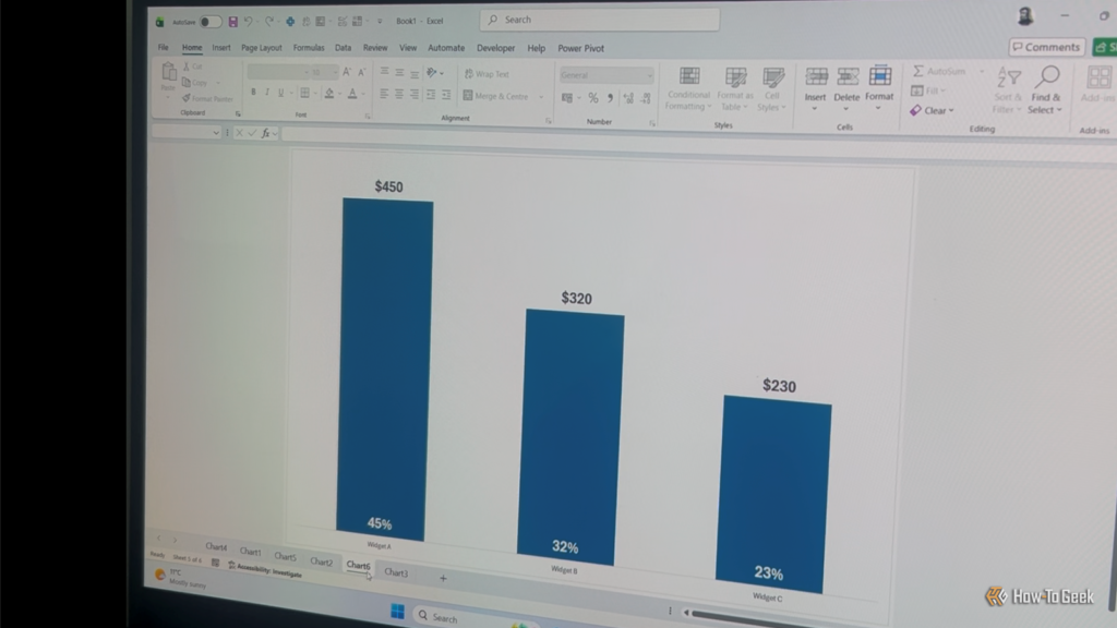 laptop screen showing a column chart in excel with totals above the columns and percentages at the b.png