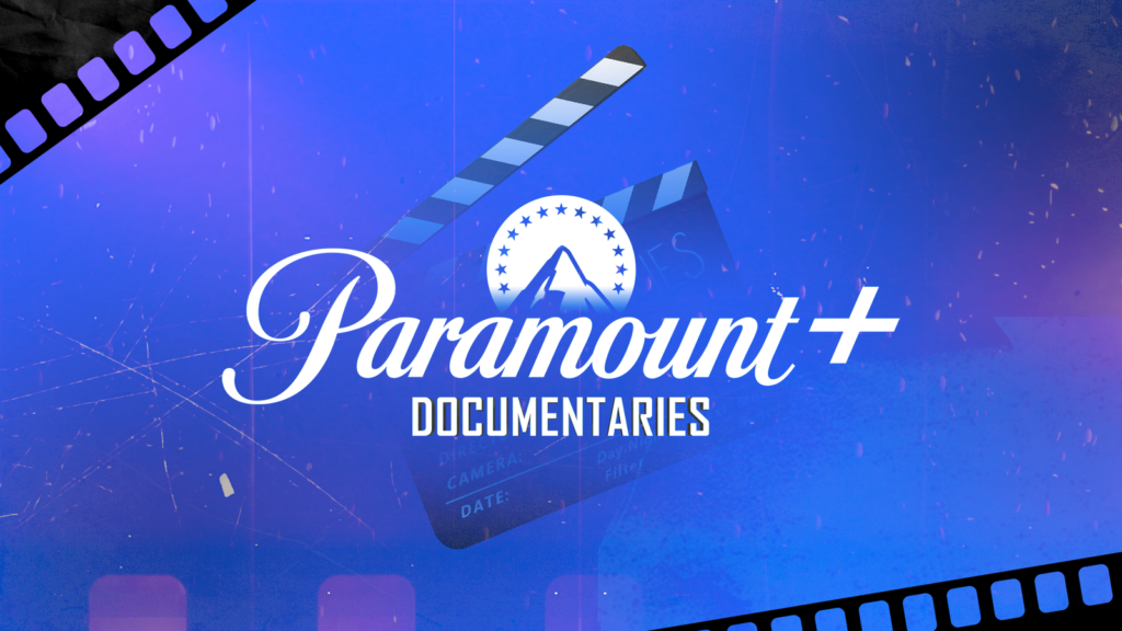 paramount documentaries logo with a clapperboard and film strips on a textured blue background.png