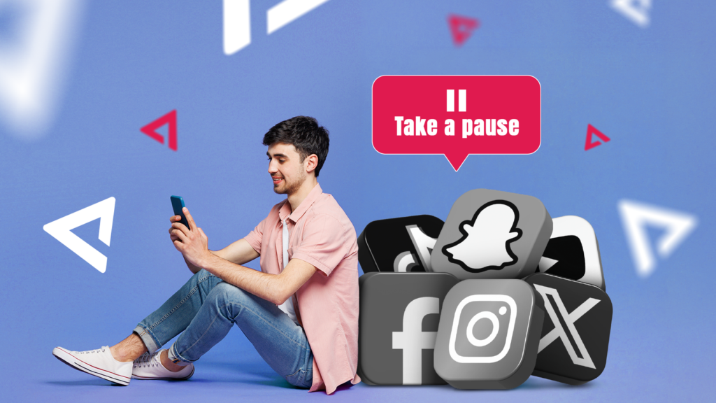 person sitting with a smartphone next to social media app icons while a take a pause message encoura.png