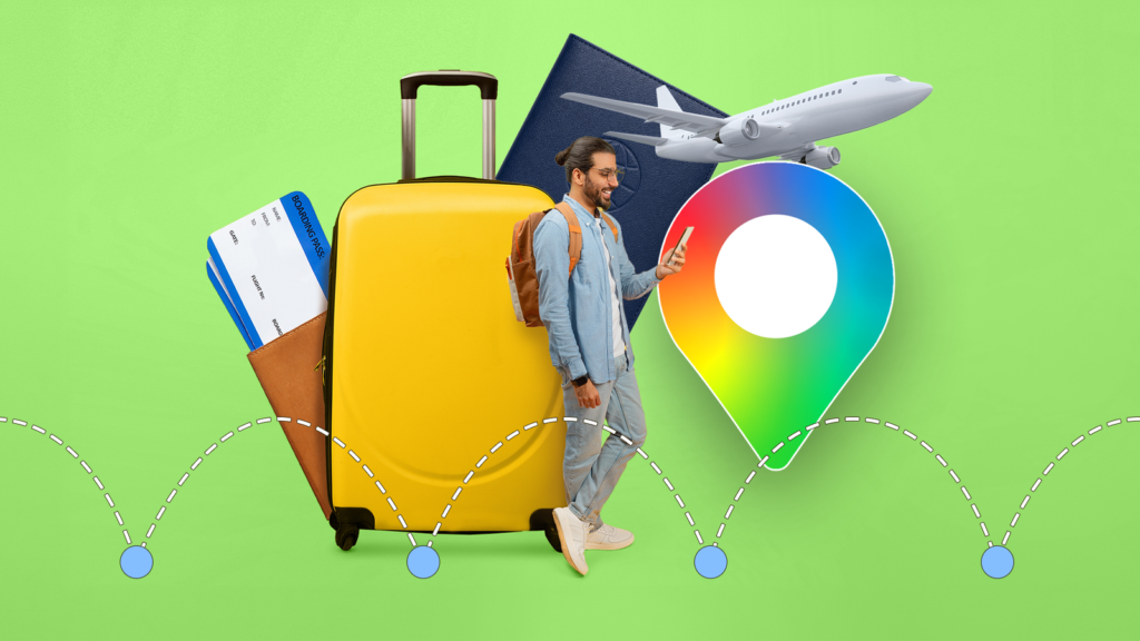 traveler standing beside a yellow suitcase with a passport boarding pass airplane and google maps pi.png