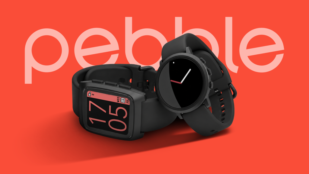 two pebble smartwatches displayed on a red background with the pebble logo behind them.png