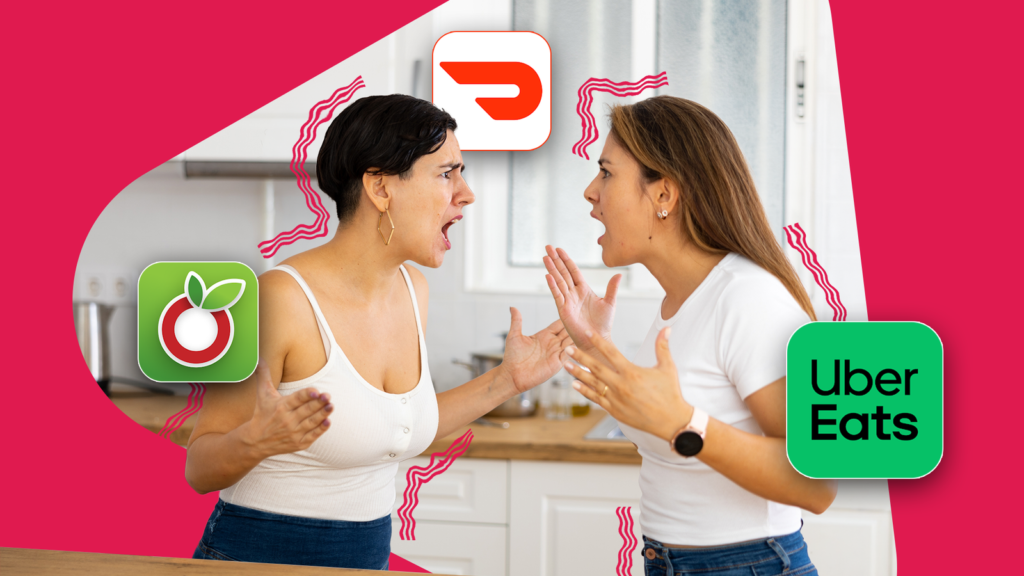 two roommates arguing in a kitchen with ourgroceries doordash and uber eats app icons around them.pn .png