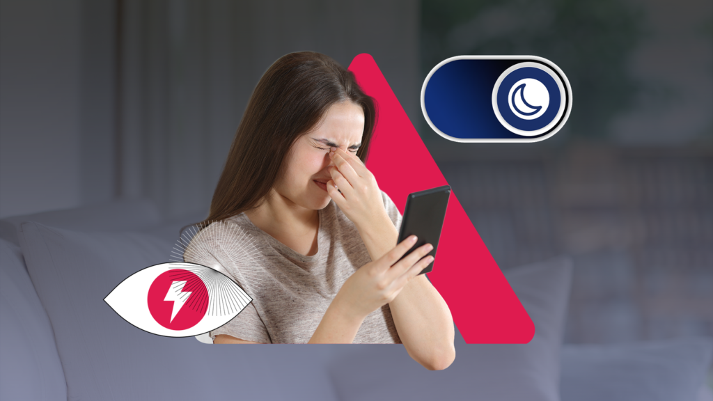 woman rubbing her eyes while looking at a smartphone surrounded by dark mode and eye strain icons.pn .png