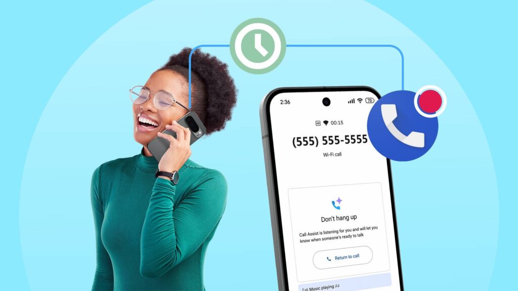 woman smiling while talking on the phone next to a pixel phone showing the hold for me call assistan.jpeg