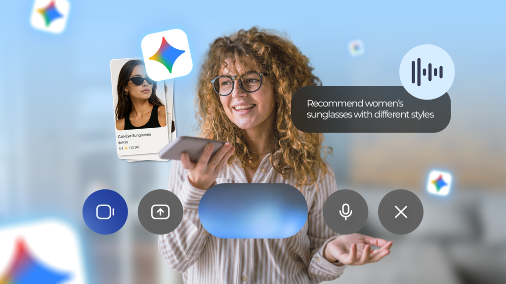 woman speaking to gemini on her smartphone with floating voice controls and product recommendations.png