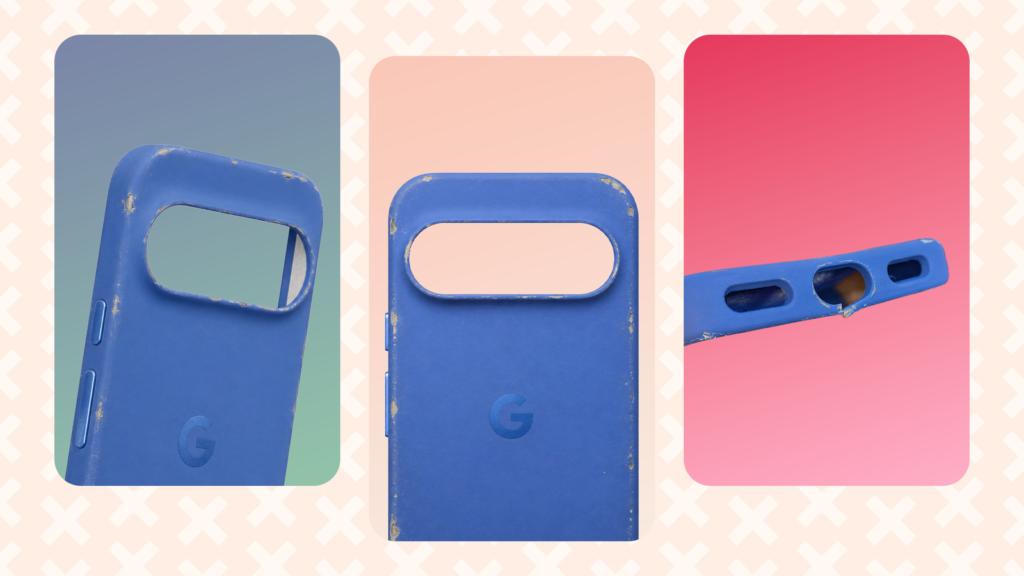 worn blue google pixel case with peeling silicone scuffed corners and damage around the charging por.png